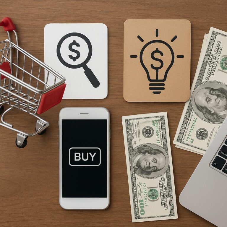 Phone with BUY button and cash, comparing affiliate programs