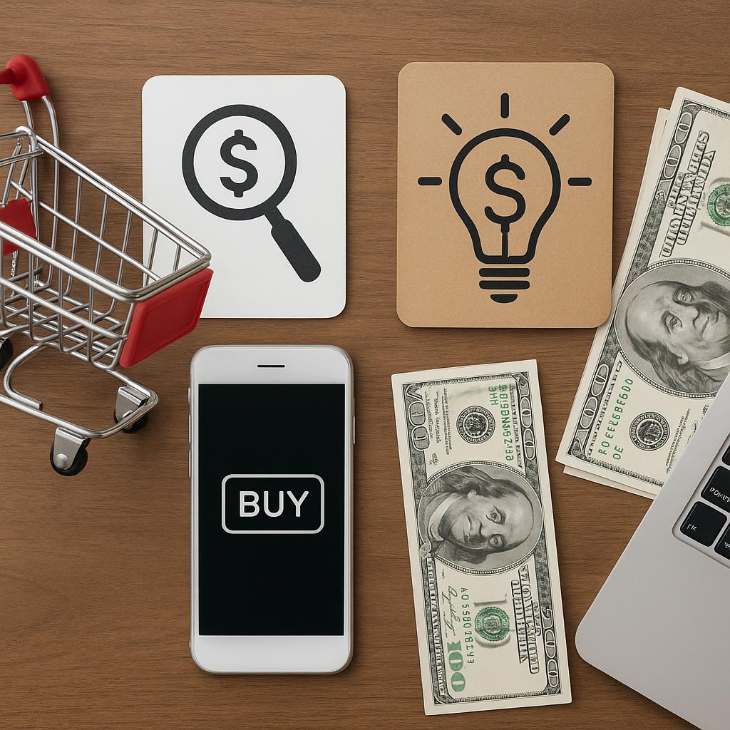 Phone with BUY button and cash, comparing affiliate programs